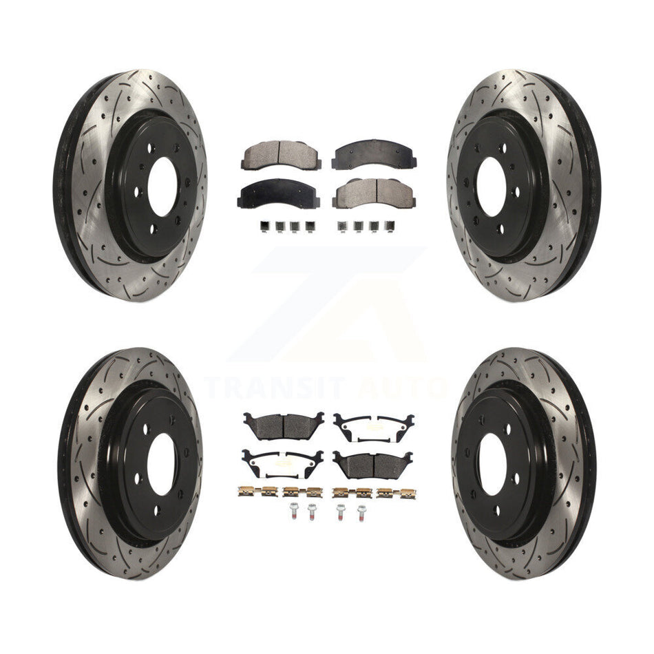 Front Rear Coated Drilled Slotted Disc Brake Rotors And Semi-Metallic Pads Kit For 2015-2017 Ford F-150 With Electric Parking KDF-100603