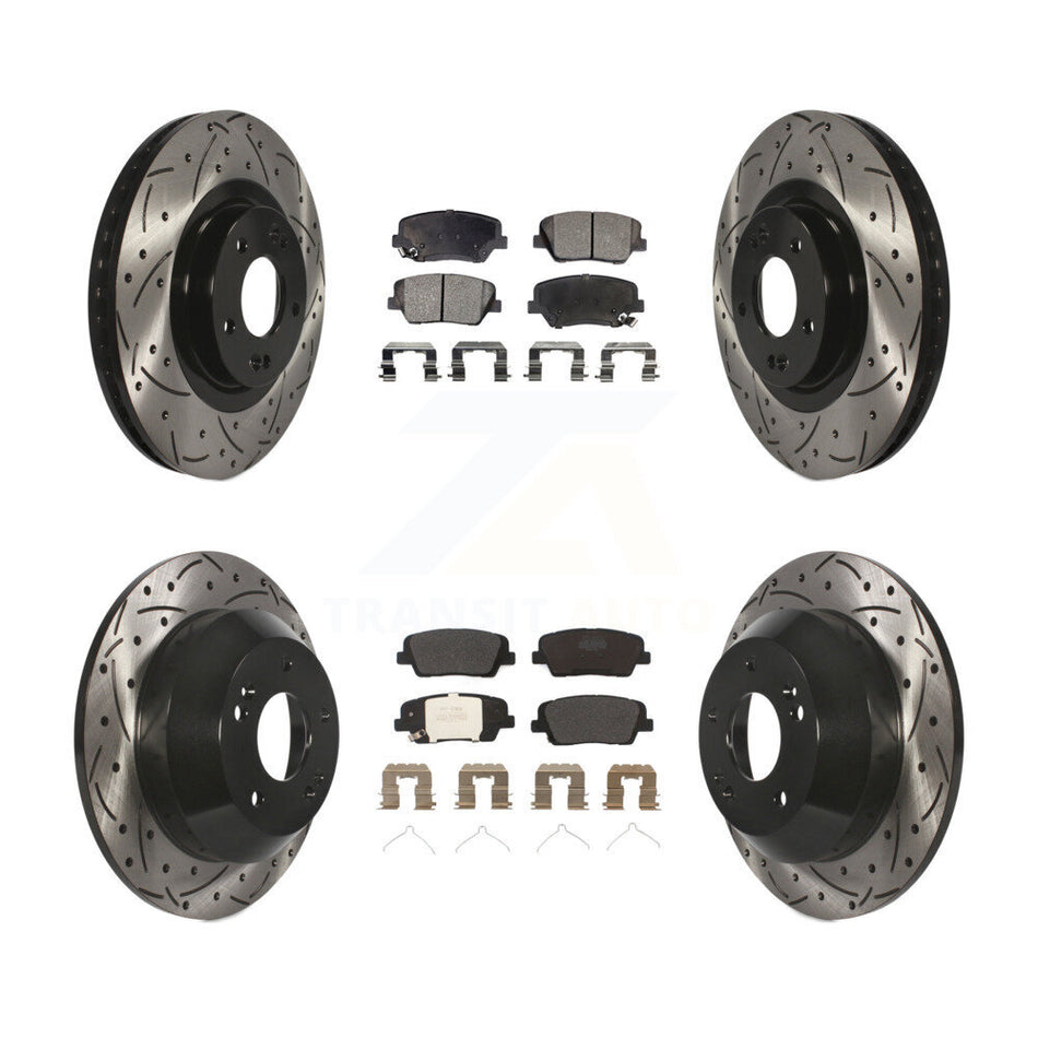 Front Rear Coated Drilled Slotted Disc Brake Rotors And Semi-Metallic Pads Kit For 2014-2015 Kia Sorento With Red Painted Calipers KDF-100604