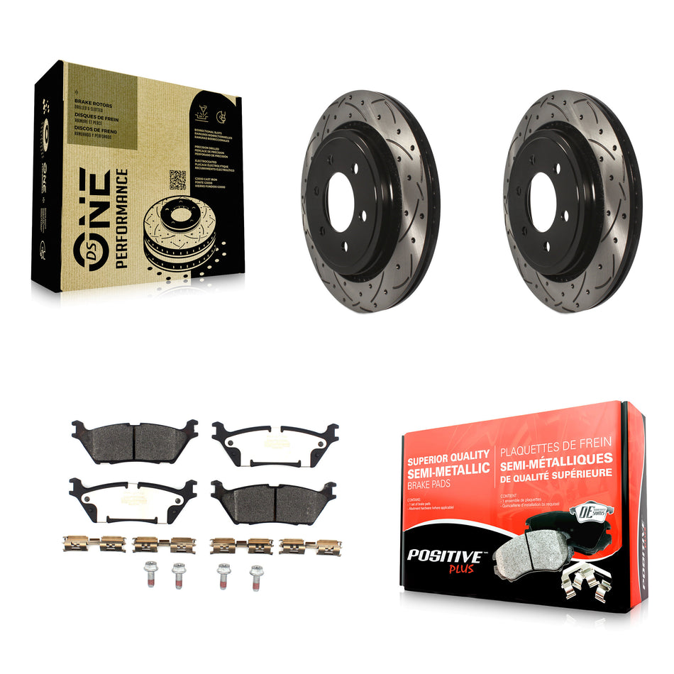 Rear Coated Drilled Slotted Disc Brake Rotors And Semi-Metallic Pads Kit For 2015-2017 Ford F-150 With Electric Parking KDF-100605