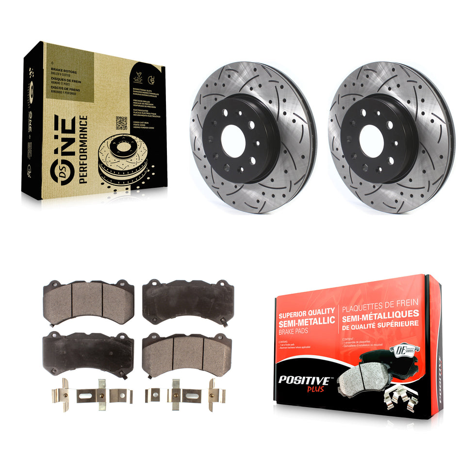 Front Coated Drilled Slotted Disc Brake Rotors And Semi-Metallic Pads Kit For 2019-2020 Chevrolet Camaro LT LS With 6 Piston Brembo Calipers KDF-100614