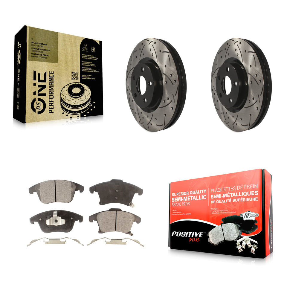 Front Coated Drilled Slotted Disc Brake Rotors And Semi-Metallic Pads Kit For 2019-2020 Ford Police Responder Hybrid SSV Plug-In KDF-100618