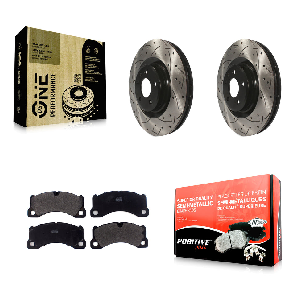 Front Coated Drilled Slotted Disc Brake Rotors And Semi-Metallic Pads Kit For 2017 Porsche Macan Base KDF-100621