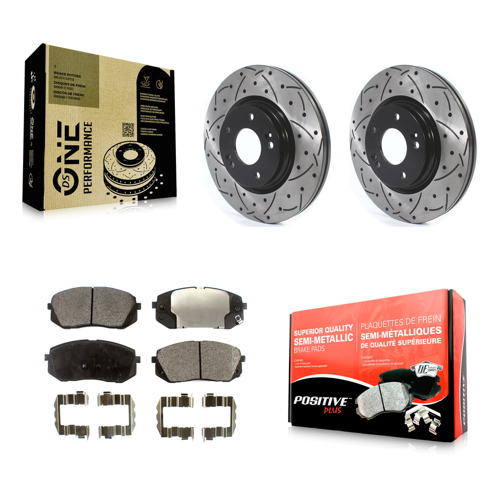Front Coated Drilled Slotted Disc Brake Rotors And Semi-Metallic Pads Kit For 2015 Hyundai Sonata GAS engine With Manual Parking KDF-100628