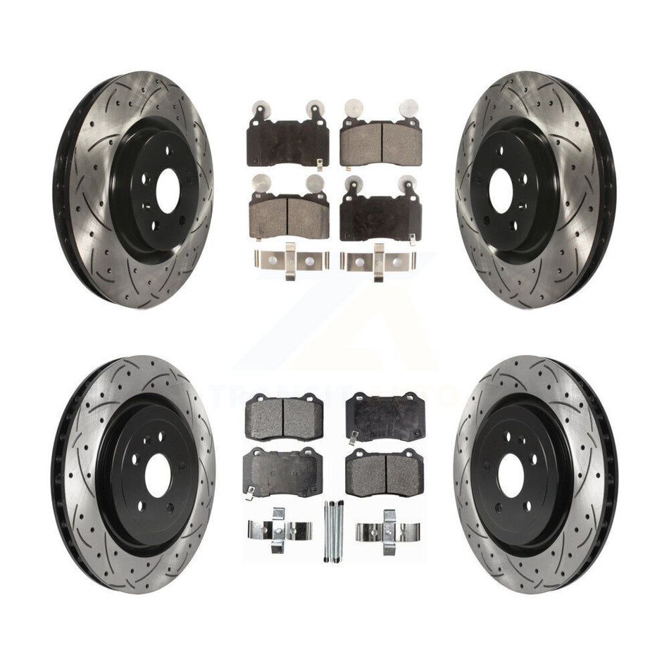 Front Rear Coated Drilled Slotted Disc Brake Rotors And Semi-Metallic Pads Kit For 2010-2015 Chevrolet Camaro SS KDF-100643
