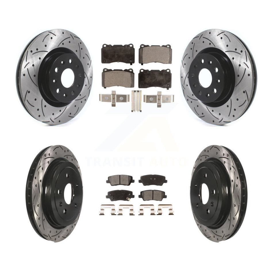 Front Rear Coated Drilled Slotted Disc Brake Rotors And Semi-Metallic Pads Kit For Cadillac CTS With 18" Factory Wheels KDF-100645