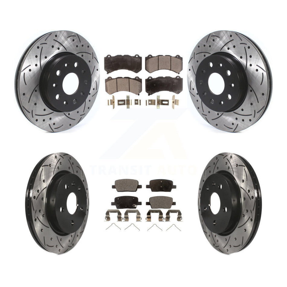 Front Rear Coated Drilled Slotted Disc Brake Rotors And Semi-Metallic Pads Kit For 2019-2020 Chevrolet Camaro LT LS With 6 Piston Brembo Calipers KDF-100650