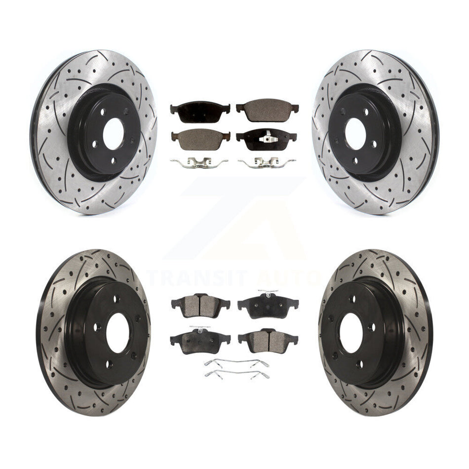 Front Rear Coated Drilled Slotted Disc Brake Rotors And Semi-Metallic Pads Kit For Ford Focus ST KDF-100654