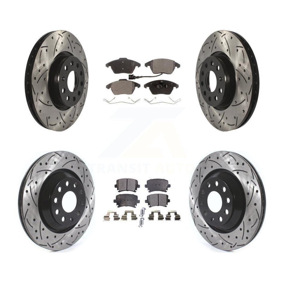 Front Rear Coated Drilled Slotted Disc Brake Rotors And Semi-Metallic Pads Kit For 2009-2010 Volkswagen Passat CC With 312mm Diameter Rotor KDF-100656