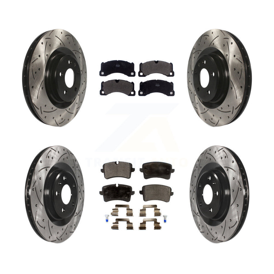 Front Rear Coated Drilled Slotted Disc Brake Rotors And Semi-Metallic Pads Kit For 2017 Porsche Macan Base KDF-100660