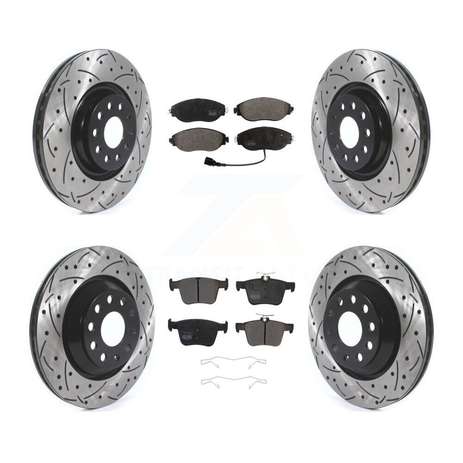 Front Rear Coated Drilled Slotted Disc Brake Rotors And Semi-Metallic Pads Kit For Audi Volkswagen Golf R S3 Q3 Arteon KDF-100668