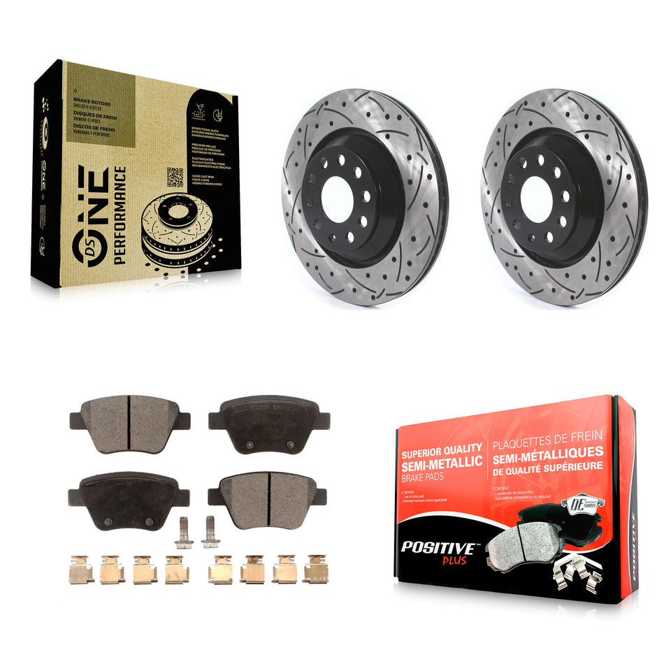 Rear Coated Drilled Slotted Disc Brake Rotors And Semi-Metallic Pads Kit For 2013 Volkswagen GTI With 310mm Diameter Rotor KDF-100698