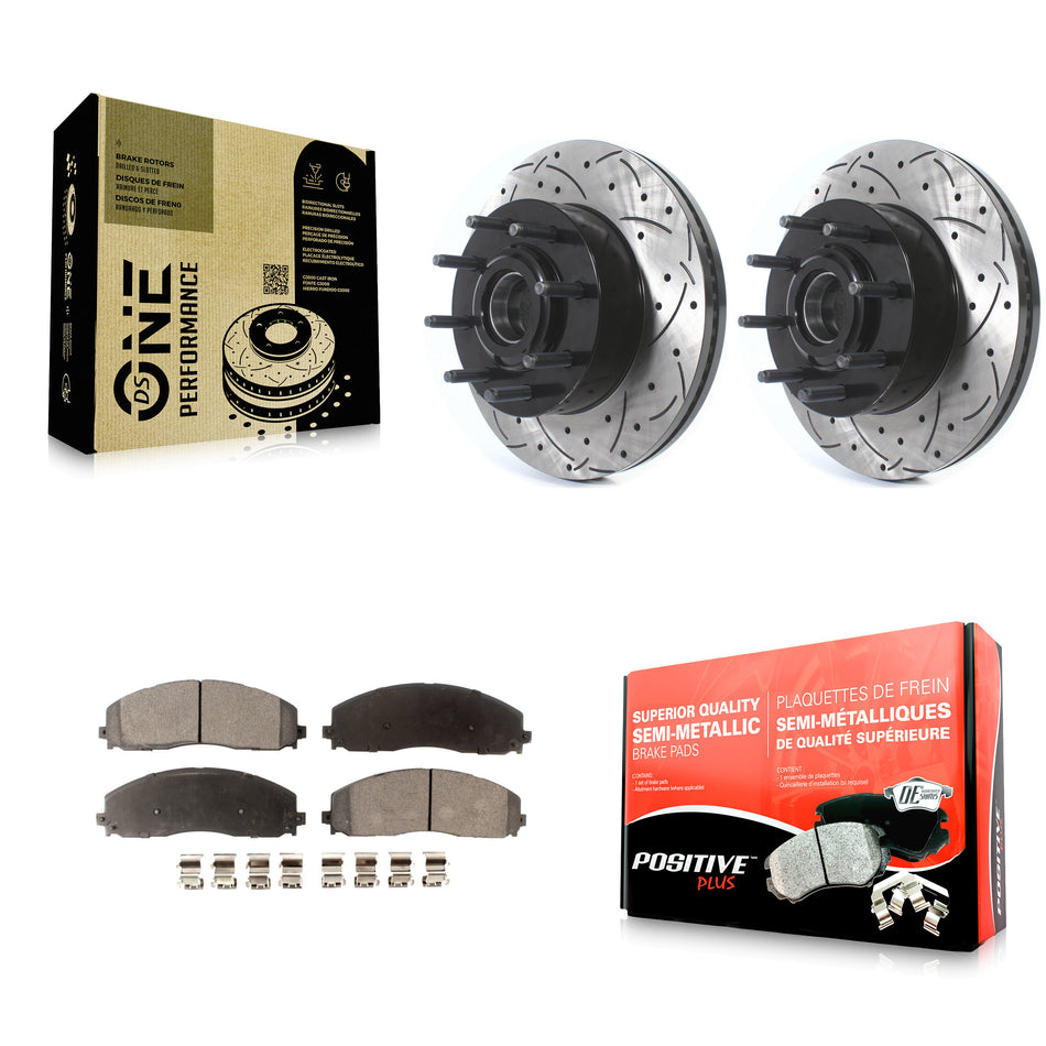 Front Coated Drilled Slotted Disc Brake Rotors Hub Assembly And Semi-Metallic Pads Kit For Ford F-250 Super Duty F-350 KDF-100713