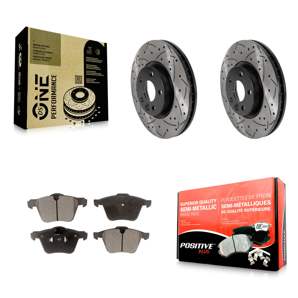 Front Coated Drilled Slotted Disc Brake Rotors And Semi-Metallic Pads Kit For 2008 Volvo V70 With 300mm Diameter Rotor KDF-100763
