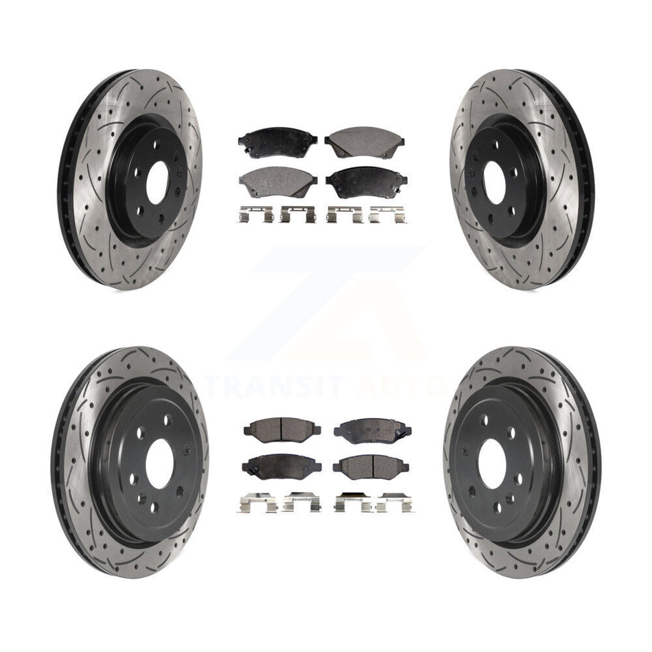 Front Rear Coated Drilled Slotted Disc Brake Rotors And Semi-Metallic Pads Kit For Cadillac SRX Saab 9-4X KDF-100784