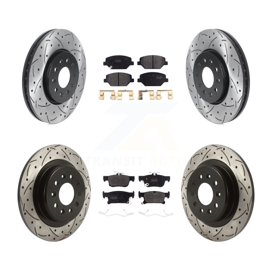 Front Rear Coated Drilled Slotted Disc Brake Rotors And Semi-Metallic Pads Kit For 2016-2018 Buick Envision With 315mm Diameter Rotor KDF-100793