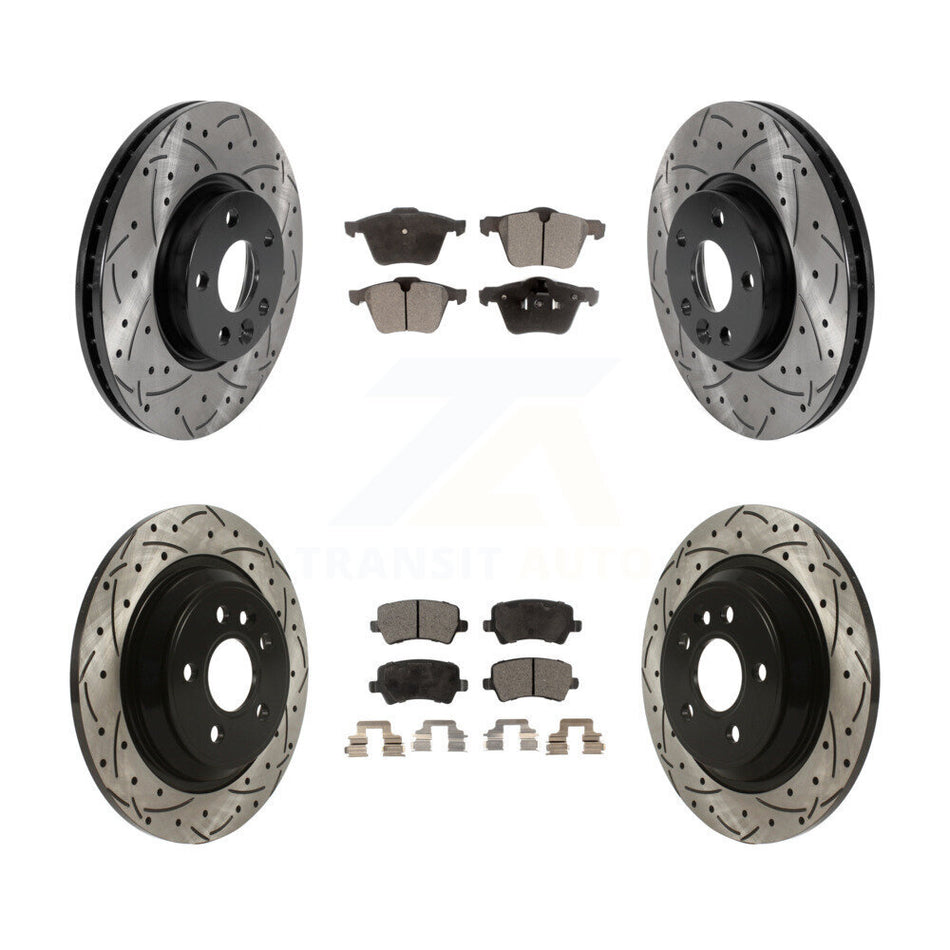 Front Rear Coated Drilled Slotted Disc Brake Rotors And Semi-Metallic Pads Kit For 2008 Volvo V70 With 300mm Diameter Rotor KDF-100829