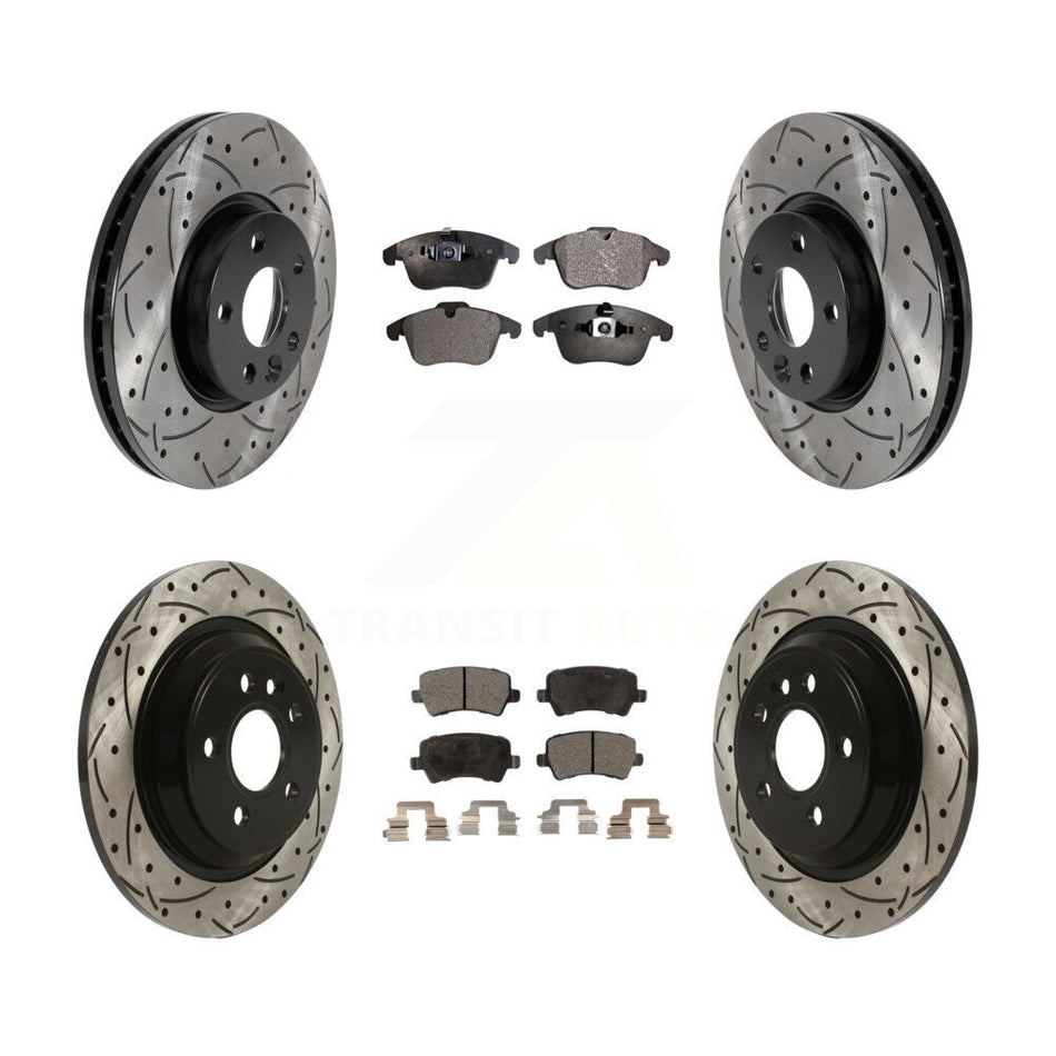Front Rear Coated Drilled Slotted Disc Brake Rotors And Semi-Metallic Pads Kit For 2013-2014 Volvo S60 With 300mm Diameter Rotor KDF-100830