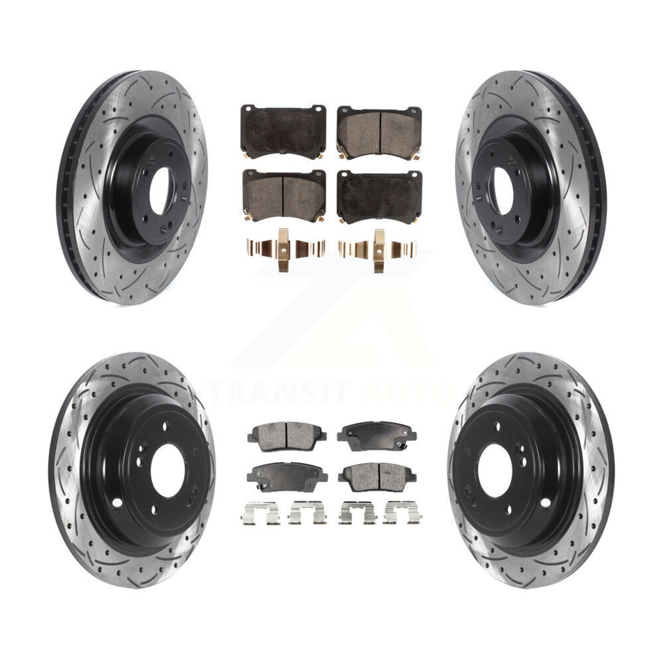 Front Rear Coated Drilled Slotted Disc Brake Rotors And Semi-Metallic Pads Kit For 2012-2014 Hyundai Genesis 5.0L KDF-100834