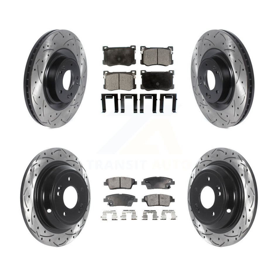 Front Rear Coated Drilled Slotted Disc Brake Rotors And Semi-Metallic Pads Kit For Hyundai Genesis G80 Kia K900 3.8L KDF-100835