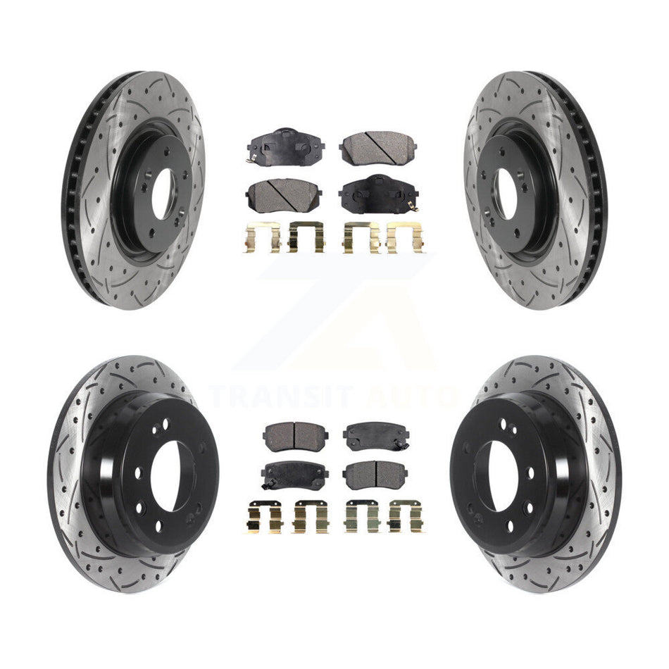 Front Rear Coated Drilled Slotted Disc Brake Rotors And Semi-Metallic Pads Kit For 2015 Hyundai Tucson FWD with FUEL CELL EV (FCEV) engine KDF-100839