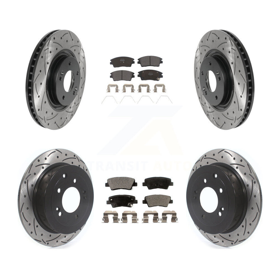 Front Rear Coated Drilled Slotted Disc Brake Rotors And Semi-Metallic Pads Kit For 2017-2021 Kia Sportage Turbocharged With Manual Parking KDF-100845