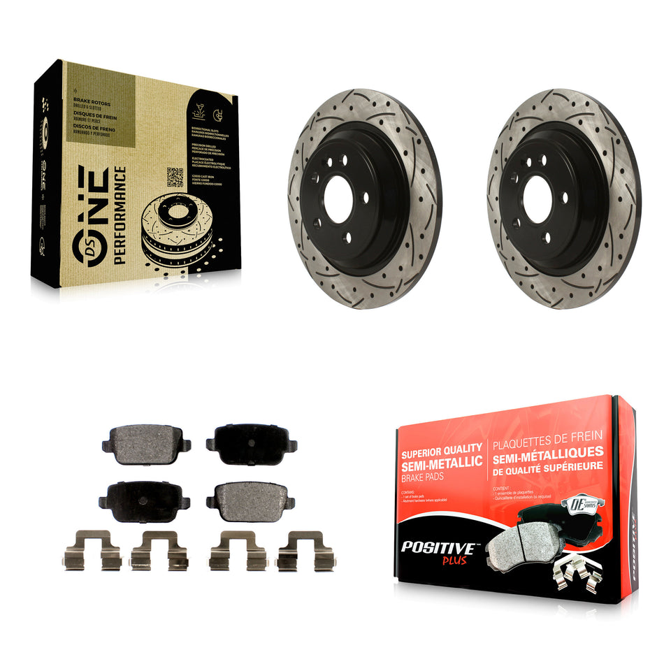Rear Coated Drilled Slotted Disc Brake Rotors And Semi-Metallic Pads Kit For 2008-2011 Volvo S80 FWD With Electric Parking KDF-100900