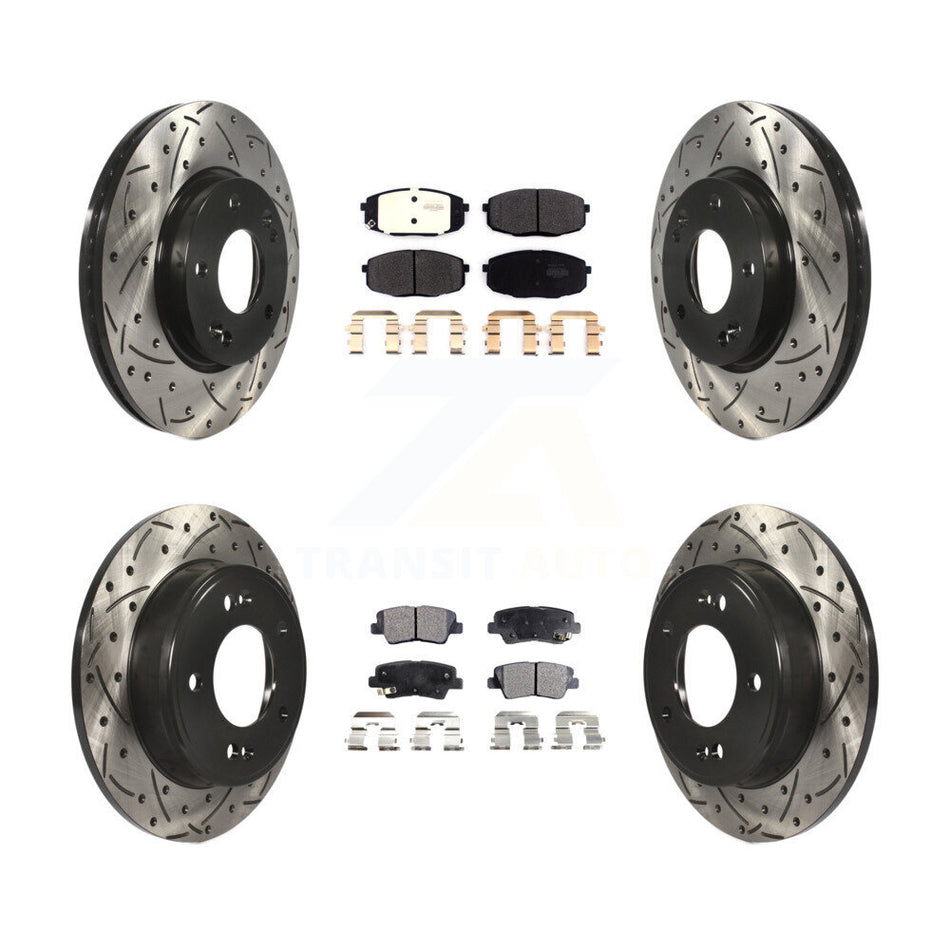 Front Rear Coated Drilled Slotted Disc Brake Rotors And Semi-Metallic Pads Kit For 2014-2016 Kia Soul KDF-100968