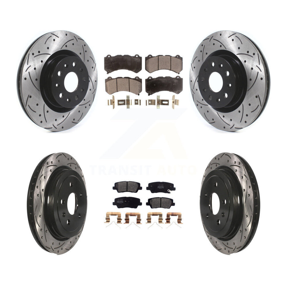 Front Rear Coated Drilled Slotted Disc Brake Rotors And Semi-Metallic Pads Kit For 2016 Cadillac CTS Vsport Premium with RWD Without Performance Lining KDF-100973