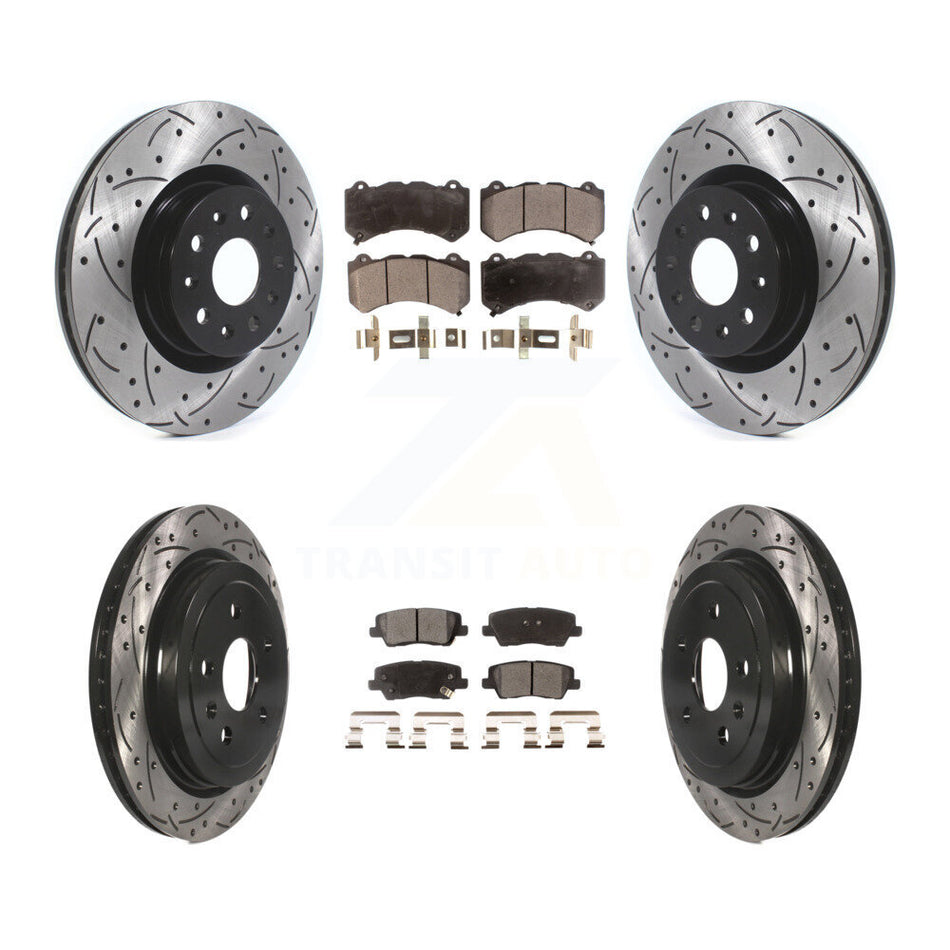 Front Rear Coated Drilled Slotted Disc Brake Rotors And Semi-Metallic Pads Kit For 2016 Cadillac CTS Vsport Premium with RWD With Performance Lining KDF-100974