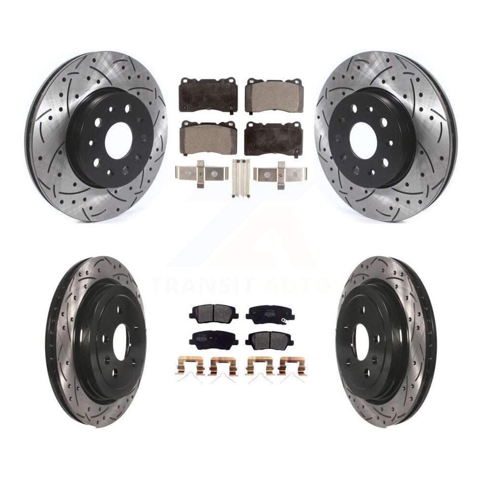 Front Rear Coated Drilled Slotted Disc Brake Rotors And Semi-Metallic Pads Kit For Cadillac CTS KDF-100975