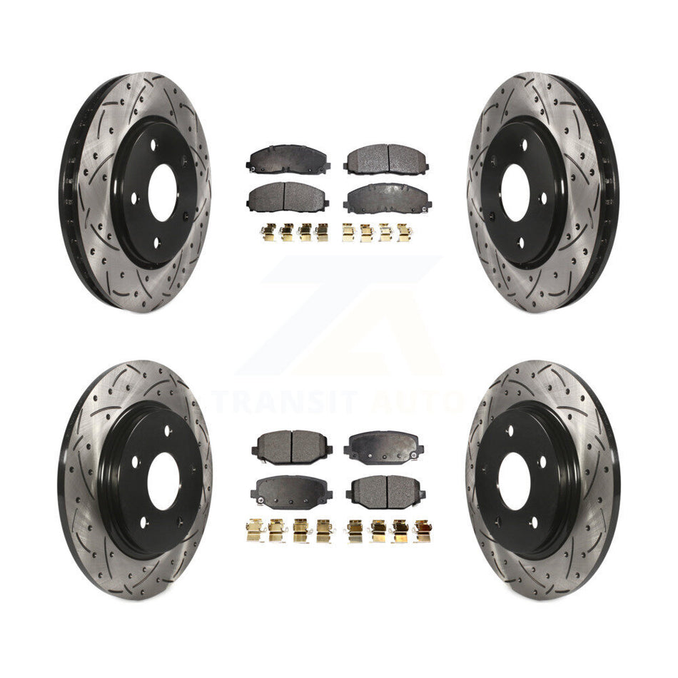 Front Rear Coated Drilled Slotted Disc Brake Rotors And Semi-Metallic Pads Kit For 2017-2018 Dodge Grand Caravan With Single Piston Caliper KDF-100994