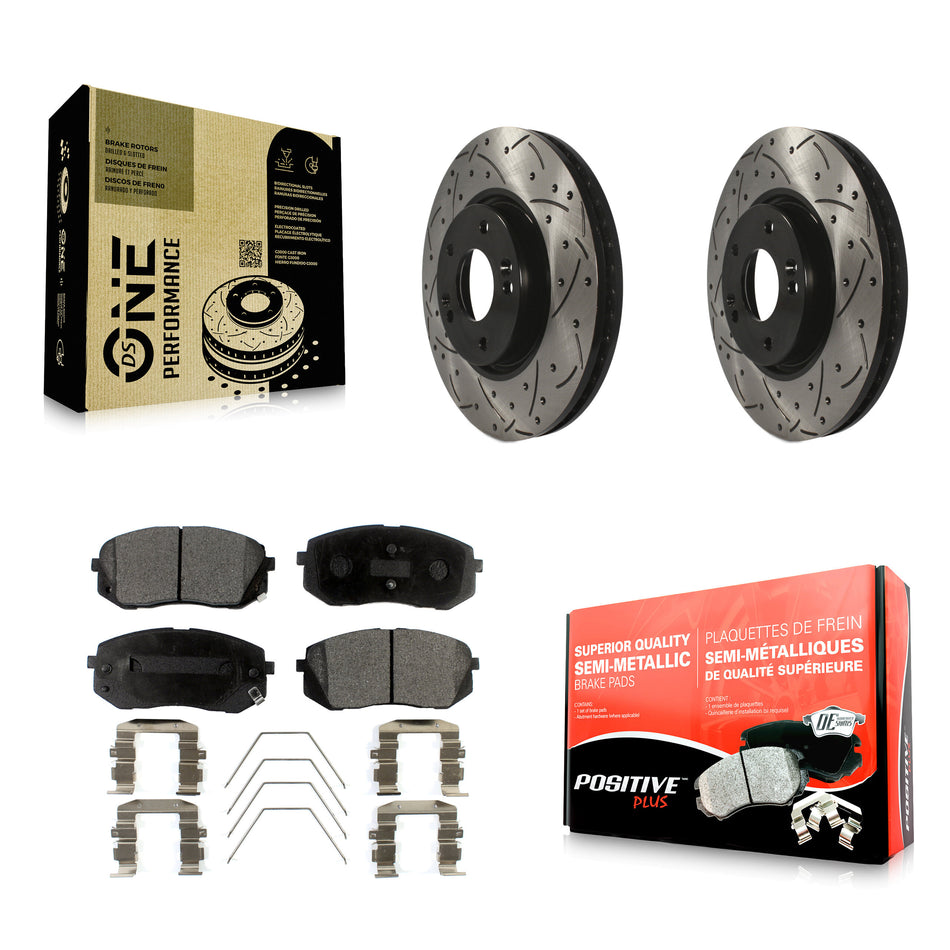 Front Coated Drilled Slotted Disc Brake Rotors And Semi-Metallic Pads Kit For 2017-2019 Kia Soul EV KDF-101018