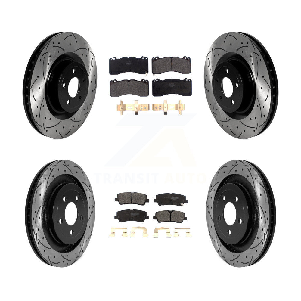 Front Rear Coated Drilled Slotted Disc Brake Rotor Semi-Metallic Pad Kit For Ford Mustang KDF-101021