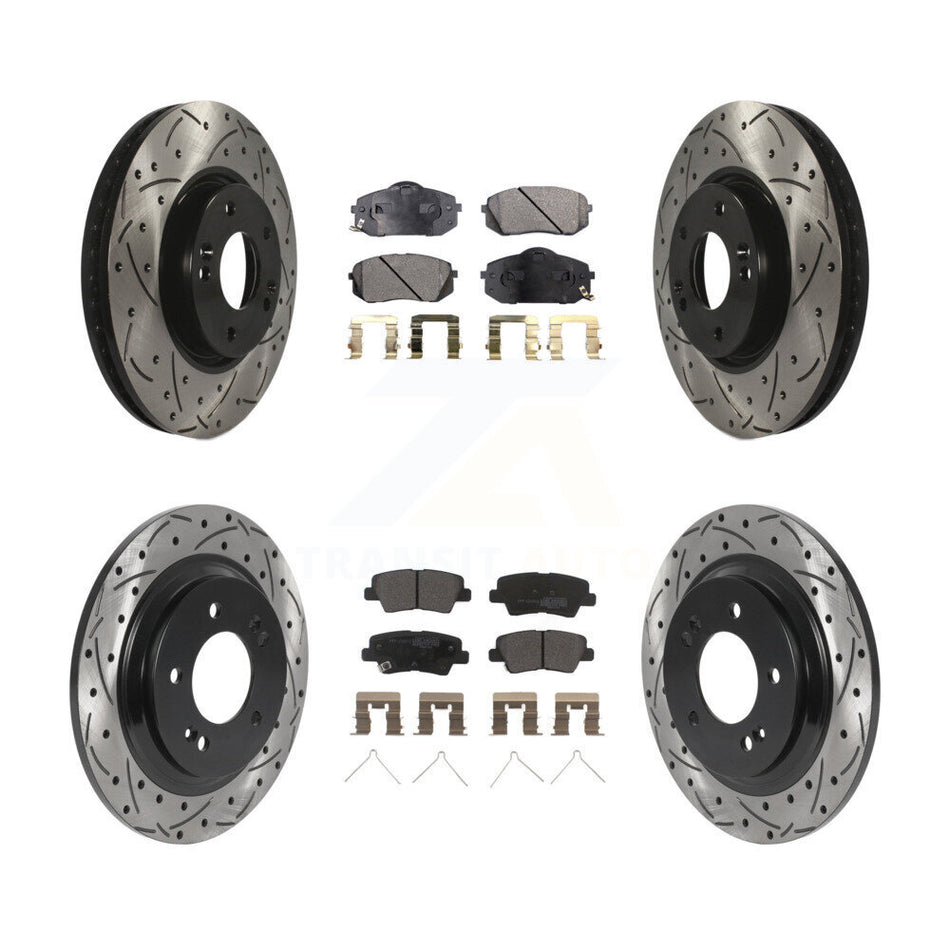 Front Rear Coated Drilled Slotted Disc Brake Rotors And Semi-Metallic Pads Kit For 2016 Kia Soul EV From Chassis VIN #160921 KDF-101029