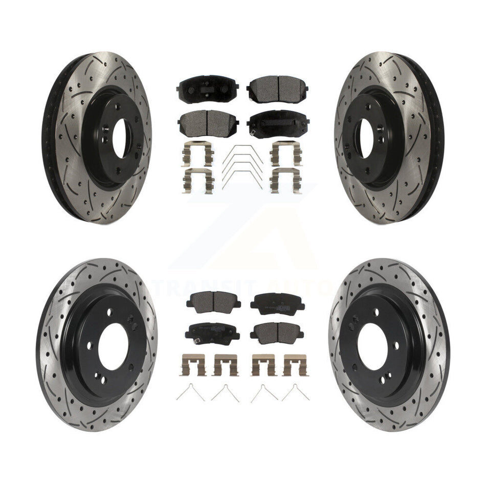 Front Rear Coated Drilled Slotted Disc Brake Rotors And Semi-Metallic Pads Kit For 2017-2018 Kia Soul EV KDF-101030