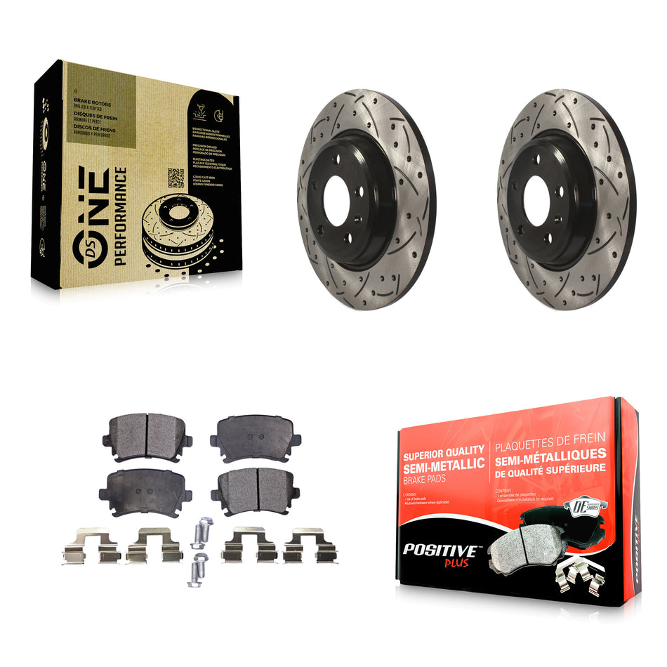 Rear Coated Drilled Slotted Disc Brake Rotors And Semi-Metallic Pads Kit For 2009 Audi A4 Quattro Convertible With 300mm Diameter Rotor KDF-101039
