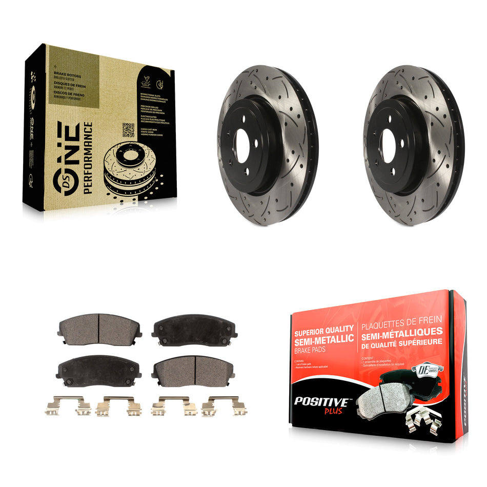 Front Coated Drilled Slotted Disc Brake Rotors And Semi-Metallic Pads Kit For 2015-2018 Dodge Charger RWD with 3.6L With 345mm Diameter Rotor KDF-101077