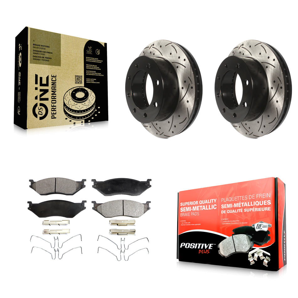 Front Coated Drill Slot Disc Brake Rotors Semi-Metallic Pad Kit For Ford F-450 Super Duty KDF-101093