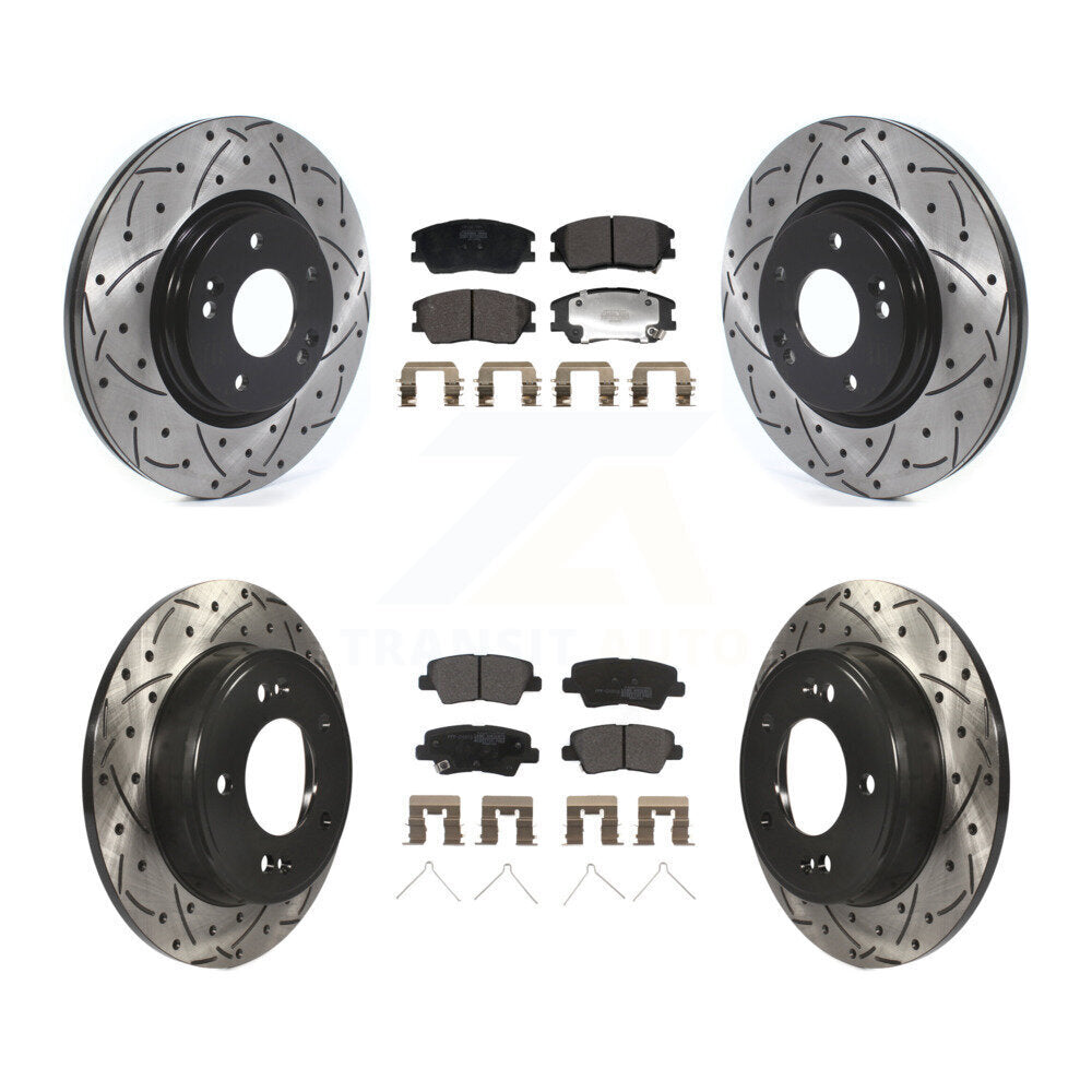 Front Rear Coated Drilled Slotted Disc Brake Rotor And Semi-Metallic Pad Kit For Kia Soul KDF-101188