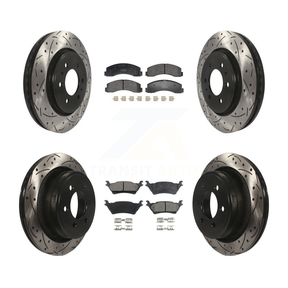 Front Rear Coated Drilled Slotted Disc Brake Rotor & Semi-Metallic Pad Kit For Ford F-150 KDF-101194