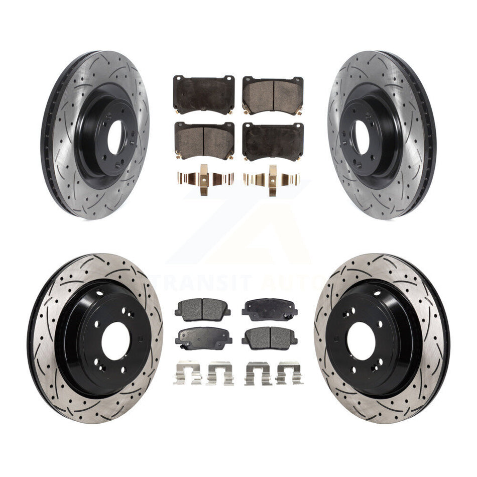 Front Rear Coat Drill Slot Disc Brake Rotors Semi-Metallic Pad Kit For 2011 Hyundai Equus KDF-101295