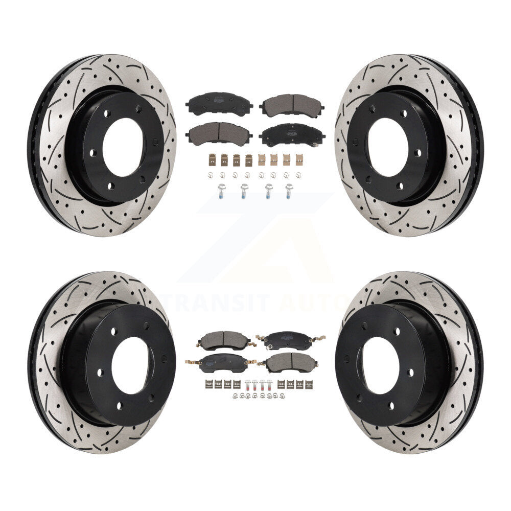 Front Rear Coated Drilled Slotted Disc Brake Rotors Semi-Metallic Pad Kit For Ford Bronco KDF-101307