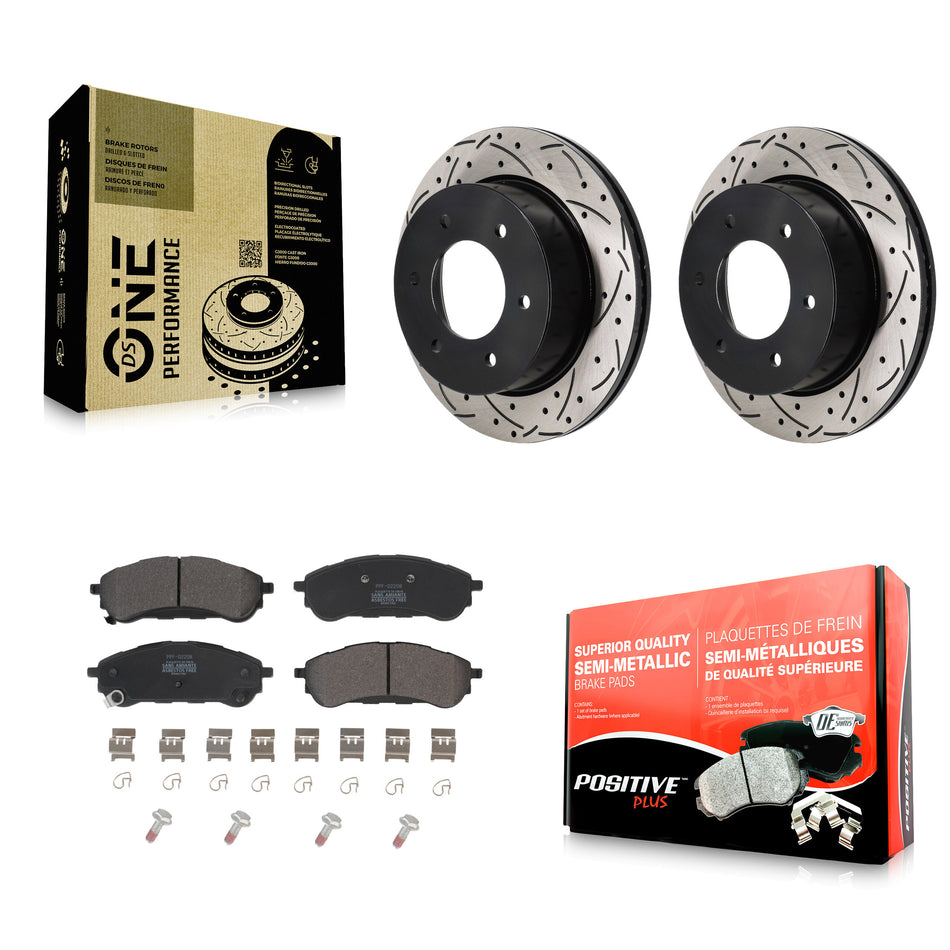 Rear Coated Drilled Slot Disc Brake Rotor Semi-Metallic Pad Kit For 2019-2023 Ford Ranger KDF-101388