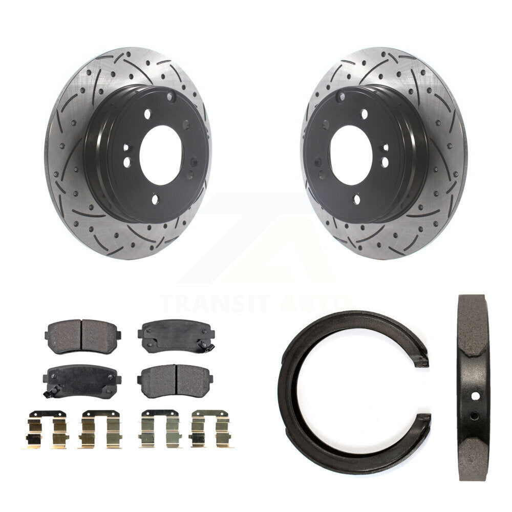 Rear Disc Drilled & Slotted Rotors Semi-Metallic Pads Parking Shoes Kit For Hyundai Kia KDF-101391