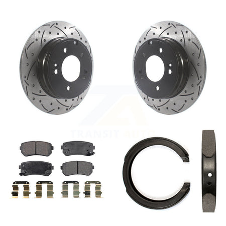 Rear Disc Drilled & Slotted Rotors Semi-Metallic Pads Parking Shoes Kit For Hyundai Kia KDF-101391