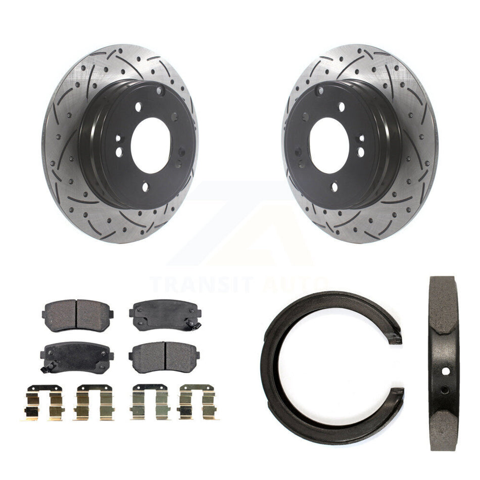 Rear Disc Drilled & Slotted Rotors Semi-Metallic Pads Parking Shoes Kit For Hyundai Kia KDF-101391