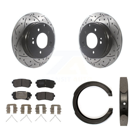 Rear Disc Drilled & Slotted Rotors Semi-Metallic Pads Parking Shoes Kit For Kia Optima KDF-101392