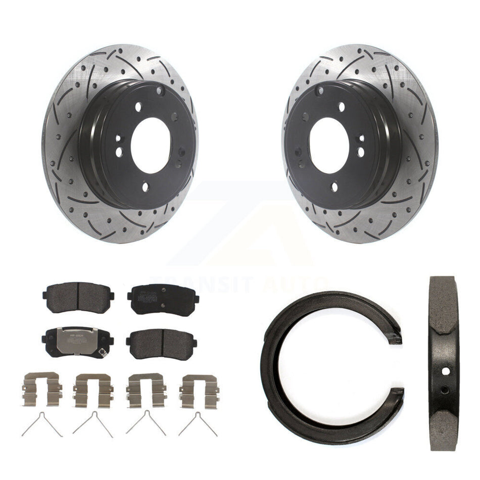Rear Disc Drilled & Slotted Rotors Semi-Metallic Pads Parking Shoes Kit For Kia Optima KDF-101392