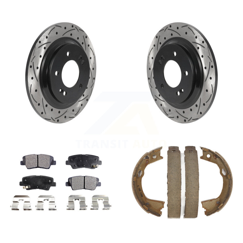 Rear Disc Drilled & Slotted Rotors Semi-Metallic Pads Parking Shoes Kit For Kia Optima KDF-101394