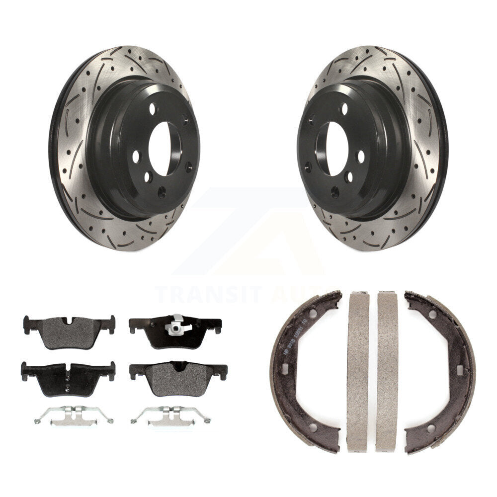 Rear Disc Drilled & Slotted Rotors Semi-Metallic Pads Parking Shoes Kit For BMW 328i 330i KDF-101397